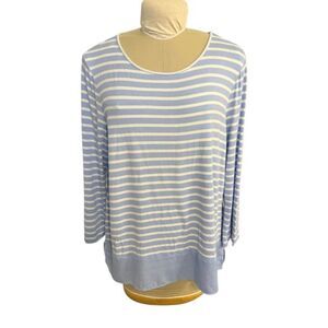 Chico's Blue White Stripe Chiffon Hem Long Sleeve Blouse Sz. 3 (XL)